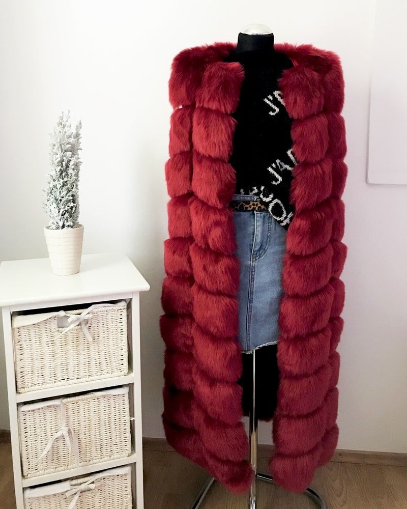 long faux fur vest in red color